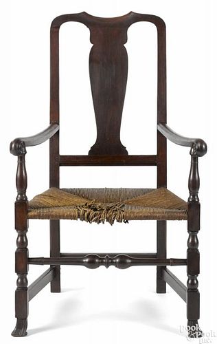 New England stained maple armchair, 18th c., with a Spanish brown surface.