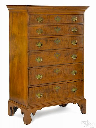 New England Queen Anne tiger maple semi-tall chest, ca. 1770, 57 1/2'' h., 36'' w.
