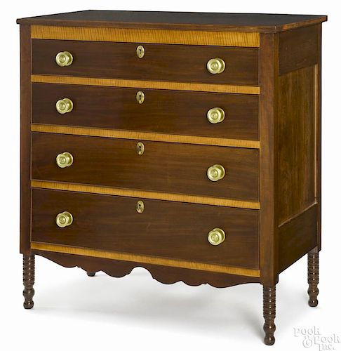 New England Sheraton cherry and tiger maple chest of drawers, ca. 1825, 43 1/2'' h., 39 3/4'' w.