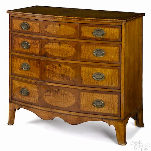 New England Federal tiger maple bowfront chest of drawers, ca. 1810, 34'' h., 35 1/2'' w.