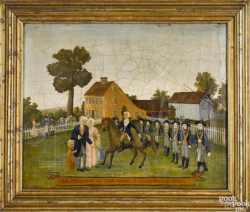 American oil on canvas folk art depiction, titled Genl Putnam and his Troops Arrive