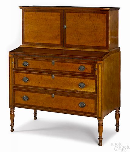 New England Sheraton birch and curly maple lady's secretary desk, ca. 1815, 49 1/2'' h., 39'' w.