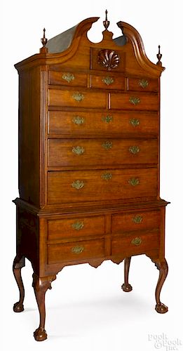 Pennsylvania or Maryland Chippendale cherry high chest, ca. 1770, with a shell carved bonnet