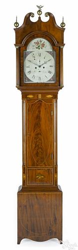 New Jersey Hepplewhite mahogany tall case clock, ca. 1800, with an eight-day works