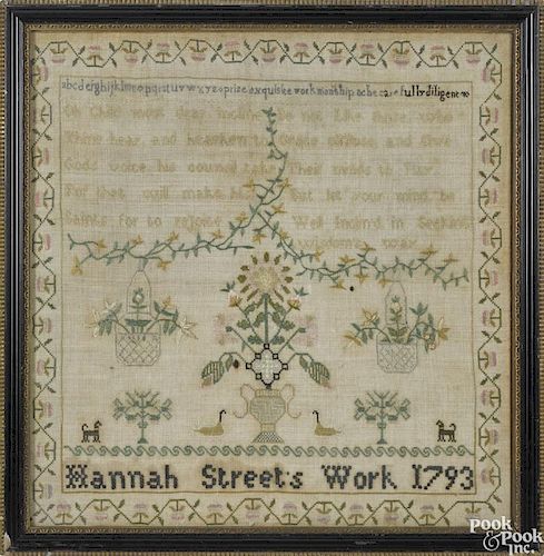 Silk on linen sampler, dated 1793, wrought by Hannah Street, 16 1/4'' x 15 1/2''.