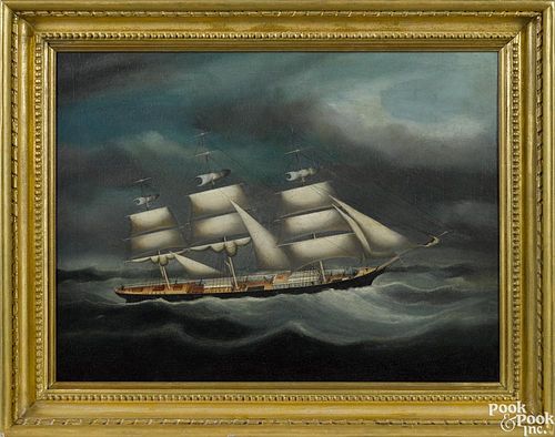China Trade, oil on canvas ship portrait, mid 19th c., 18'' x 23 1/2''.