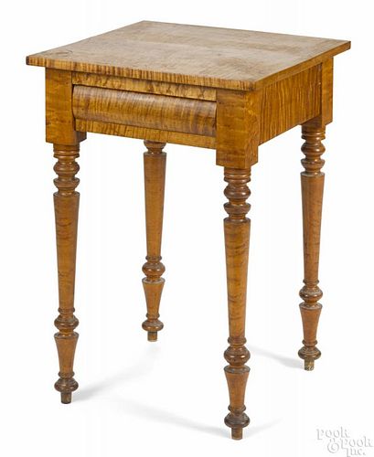 New England tiger maple one-drawer stand, ca. 1830, with turned legs, 27 3/4'' h., 19'' w.