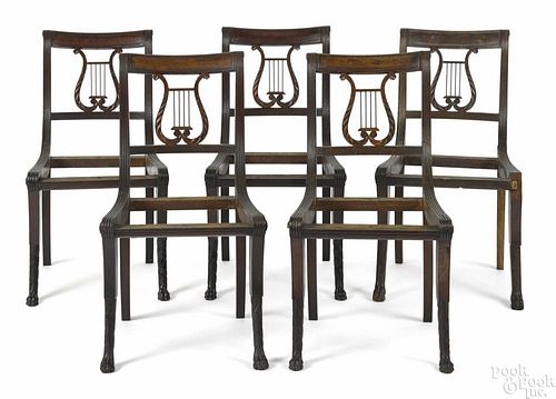 Set of four New York Classical mahogany lyre-back Klismos side chairs, ca. 1815