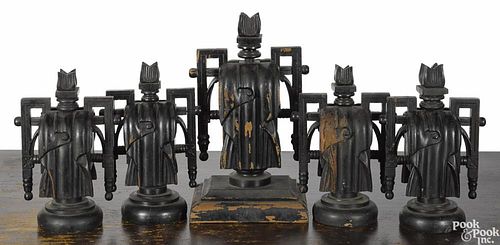 Set of five carved and painted draped urn funeral carriage finials, ca. 1900, tallest - 19''.