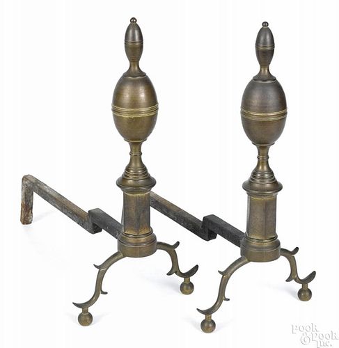 Pair of New York Federal brass lemon-top andirons, early 19th c., stamped D. Phillips NY, 23'' h.