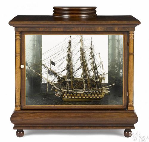 Carved and painted sailor made mahogany and whale bone model of an American three-masted ship