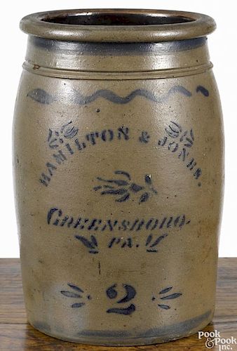 Pennsylvania two-gallon stoneware crock, 19th c., inscribed Hamilton & Jones Greensboro Pa