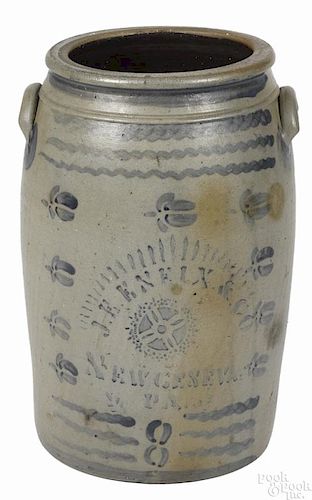 Pennsylvania eight-gallon stoneware crock, 19th c., inscribed J. E. Eneix & Co. New Geneva, PA