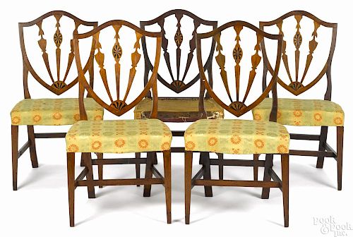Set of five New England Federal mahogany shieldback dining chairs, ca. 1800, probably Connecticut
