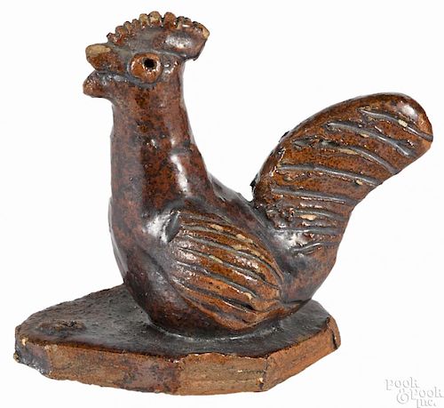 Pennsylvania redware rooster, 19th c., attributed to Jesiah Shorb, York County, 2 1/8'' h.