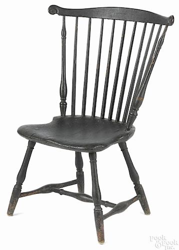 Pennsylvania painted fanback Windsor chair, ca. 1780, with carved ears, a saddle seat