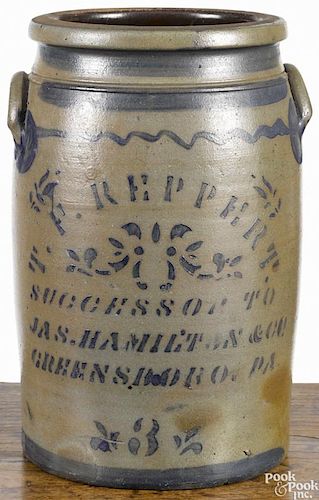 Pennsylvania three-gallon stoneware crock, 19th c., inscribed T.F. Reppert
