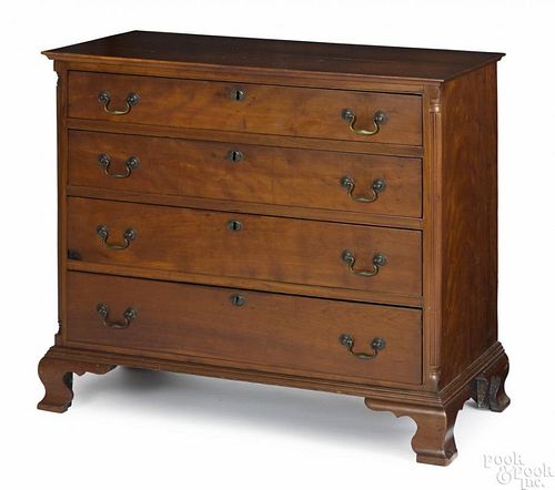 New England Chippendale cherry chest of drawers, ca. 1775, with fluted quarter columns