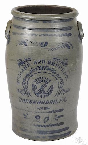 Pennsylvania twenty-gallon stoneware crock, 19th c., inscribed Williams and Reppert