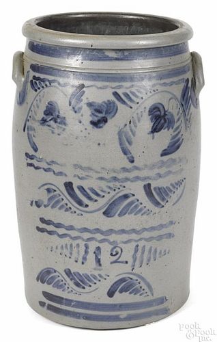 Western Pennsylvania twelve-gallon stoneware crock, 19th c., with freehand cobalt floral bands