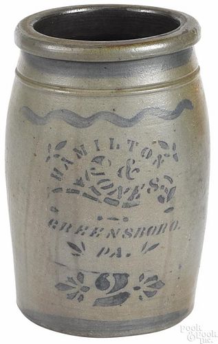 Pennsylvania two-gallon stoneware crock, 19th c., inscribed Hamilton & Jones Greensboro, PA