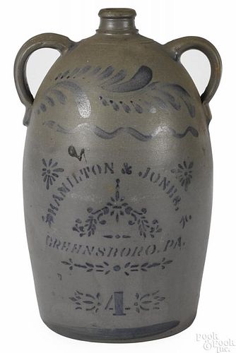 Western Pennsylvania four-gallon stoneware jug, 19th c., inscribed Hamilton & Jones Greensboro Pa