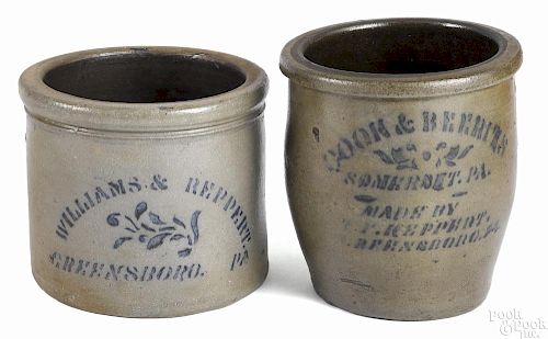 Three Pennsylvania stoneware crocks, 19th c., inscribed Hamilton & Jones Greensboro Pa, 8 1/2'' h.
