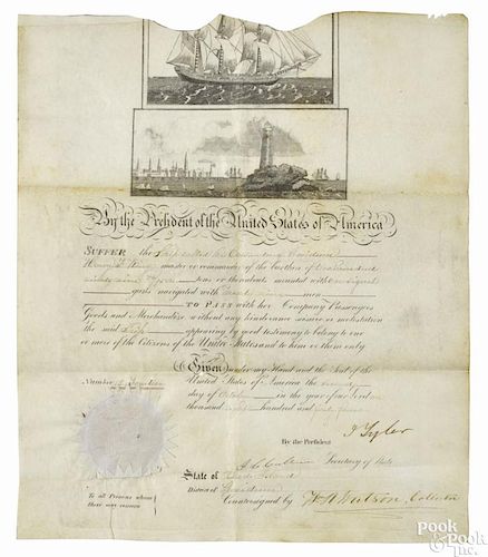 John Tyler signed ship's passage, dated 1844, for the ship Cassenden of Providence