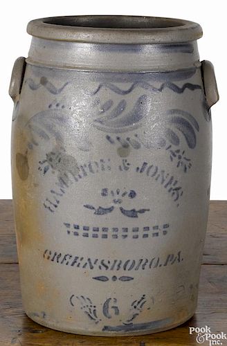 Western Pennsylvania six-gallon stoneware crock, 19th c., inscribed Hamilton & Jones Greensboro