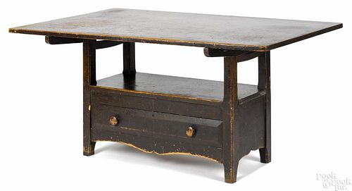 Pennsylvania pine bench table, 19th c., with a single drawer in the base, 28 1/2'' h., 62'' w.