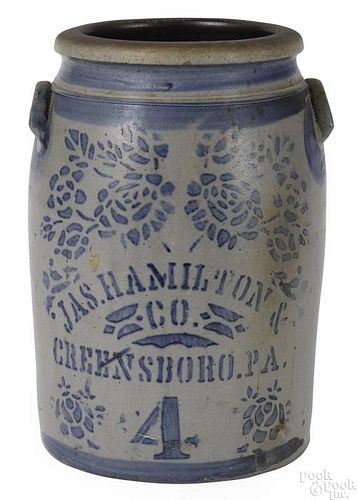Western Pennsylvania four-gallon stoneware crock, 19th c., inscribed Jas. Hamilton & Co.