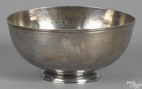 Philadelphia silver bowl, 18th c., engraved with two birds, monogrammed CN, 3 1/4'' h., 7'' dia.