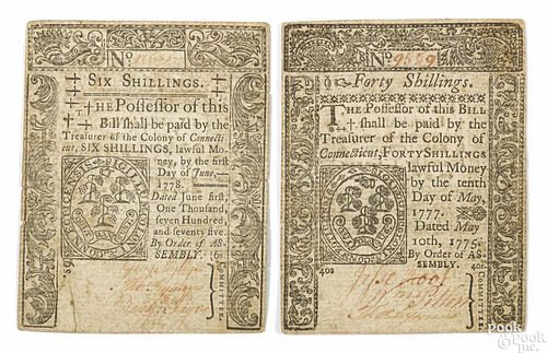 Two pieces of Connecticut colonial currency, printed by T. Green, one for six shillings