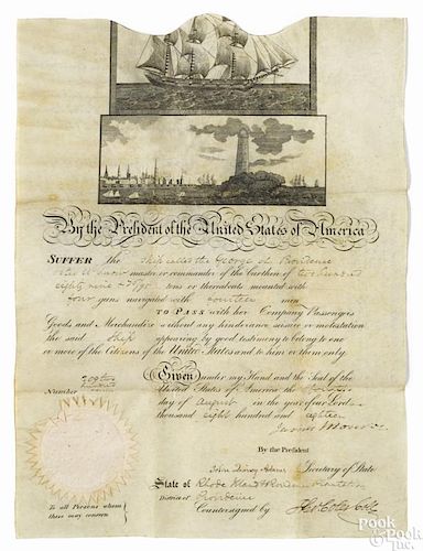 James Monroe signed ship's passage, dated 1818, for the ship George of Providence