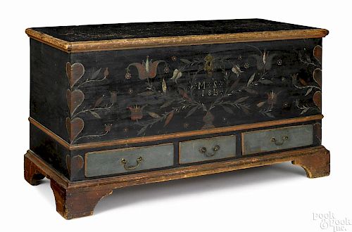 Berks County, Pennsylvania painted pine dower chest, initialed MS 1813, with heart corners