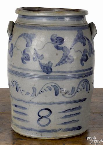 Western Pennsylvania eight-gallon stoneware crock, 19th c., with freehand cobalt floral decoration