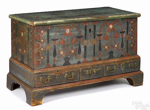 Berks County, Pennsylvania painted pine dower chest, dated 1798, with tulip and pinwheel flowers