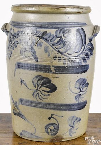 Western Pennsylvania five-gallon stoneware crock, 19th c., with freehand cobalt floral decoration