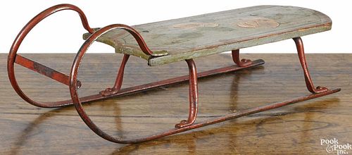 Miniature painted pine sled, 19th c., with floral decoration, 14 1/2'' l.
