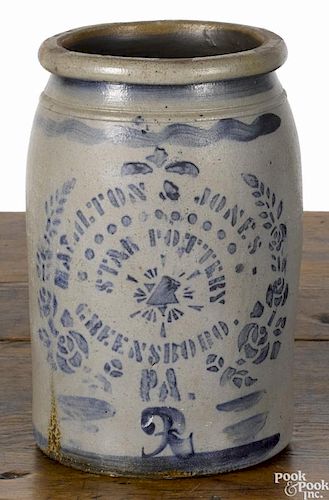 Western Pennsylvania stoneware crock, 19th c., inscribed Hamilton & Jones Star Pottery Greensboro