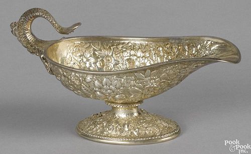 Baltimore sterling silver repoussé gravy boat, 19th c., stamped A. Jacobi, with a serpent handle