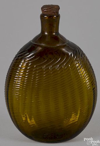 American blown olive-amber glass pitkin type flask, ca. 1820, 6'' h.