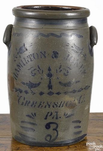 Pennsylvania three-gallon stoneware crock, 19th c., inscribed Hamilton & Jones Greensboro PA