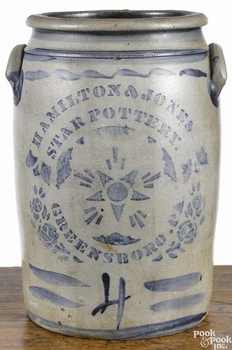 Pennsylvania four-gallon stoneware crock, 19th c., inscribed Hamilton & Jones Star Pottery
