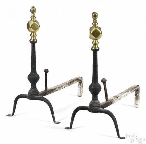 Pair of Chippendale wrought iron andirons, ca. 1770, with brass faceted ball finials