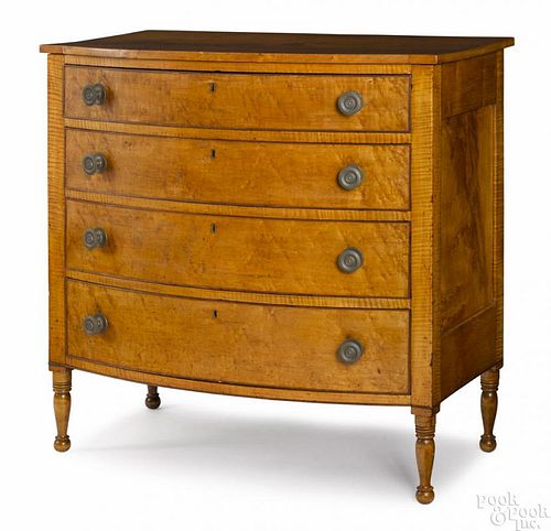 Sheraton curly maple bowfront chest of drawers, ca. 1820, 40 1/2'' h., 40'' w.