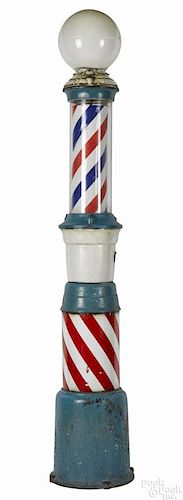 Koch's cast iron, porcelain, and glass barber pole, early 20th c., 86'' h.