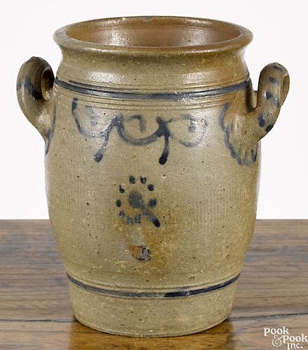Stoneware loop handle crock, early 19th c., probably New Jersey, with cobalt swag