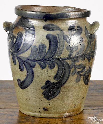 Mid-Atlantic stoneware crock, 19th c., with profuse cobalt floral decoration, 9'' h.