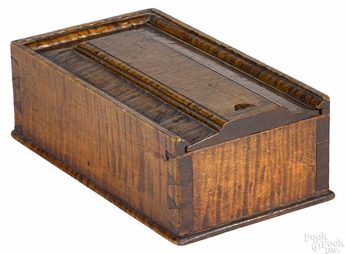Pennsylvania tiger maple slide lid box, 19th c., 2 1/2'' h., 7 1/2'' w., 4 1/4'' d.